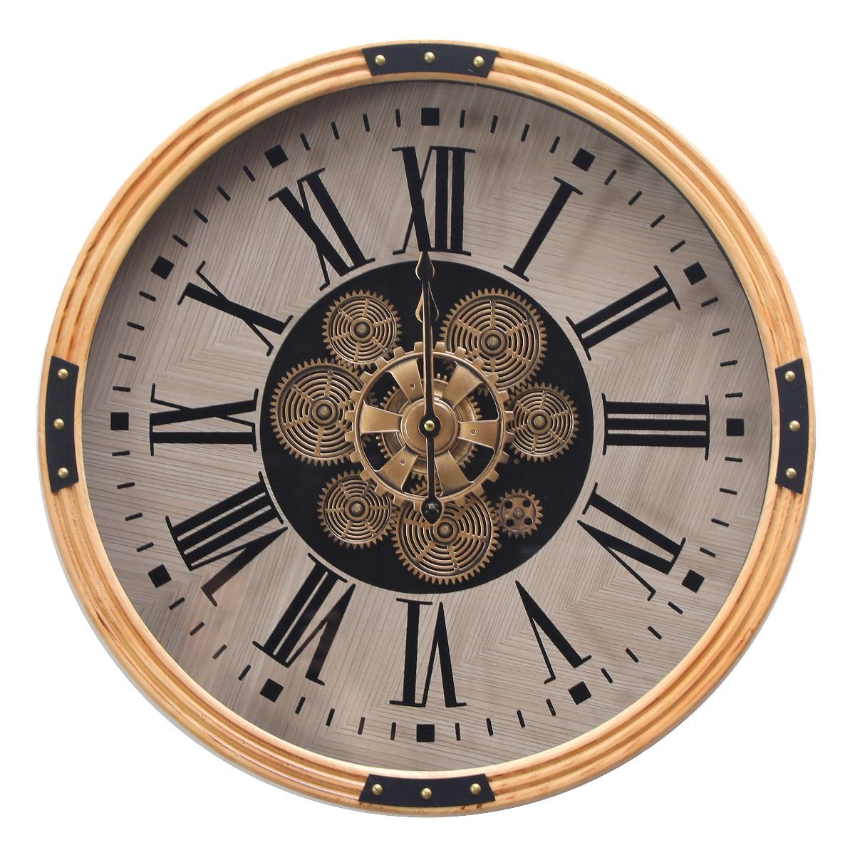 D54cm Round Arlington Wooden moving cogs wall clock - Natural w/black ...